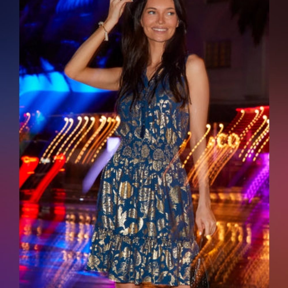 CABANA LIFE Navy Metallic Sleeveless Ruffle Dress NWT Size L Smock Waist